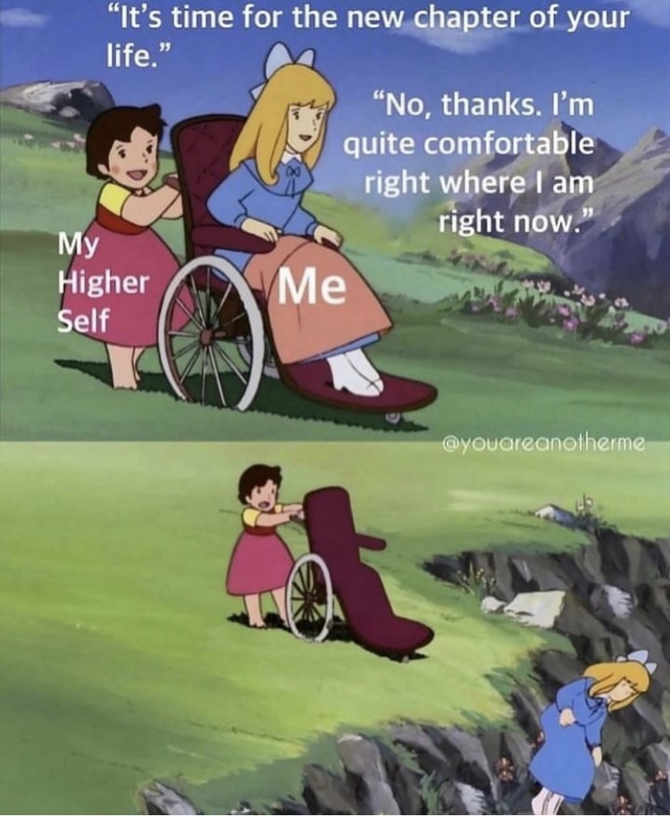 screen shots from a cartoon are made into a meme. one young girl pushes another in a wheelchair out toward a cliff edge. text above reads “it’s time for the new chapter of your life.” - my higher self (as represented by the girl pushing the chair). “No, thanks. I’m quite comfortable right where I am right now.” - Me (as represented by the girl in the chair). In the second screen shot you see the girl being dropped over the edge of the cliff.