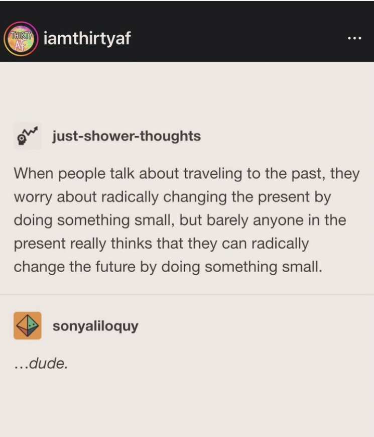 screenshot from the tumblr page just-shower-thoughts reads “When people talk about traveling to the past, they worry about radically changing the present by doing something small, but barely anyone in the present really thinks that they can radically change the future by doing something small.” tumblr user sonyaliloquy responds “…dude.” 