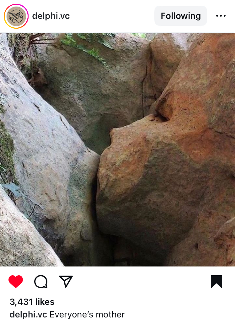 Screenshot of an instagram post from the account @delphi.vc of 2 large rocks, which look like the face of a child suckling on the breast of a mother. text below says “Everyone’s mother.”
