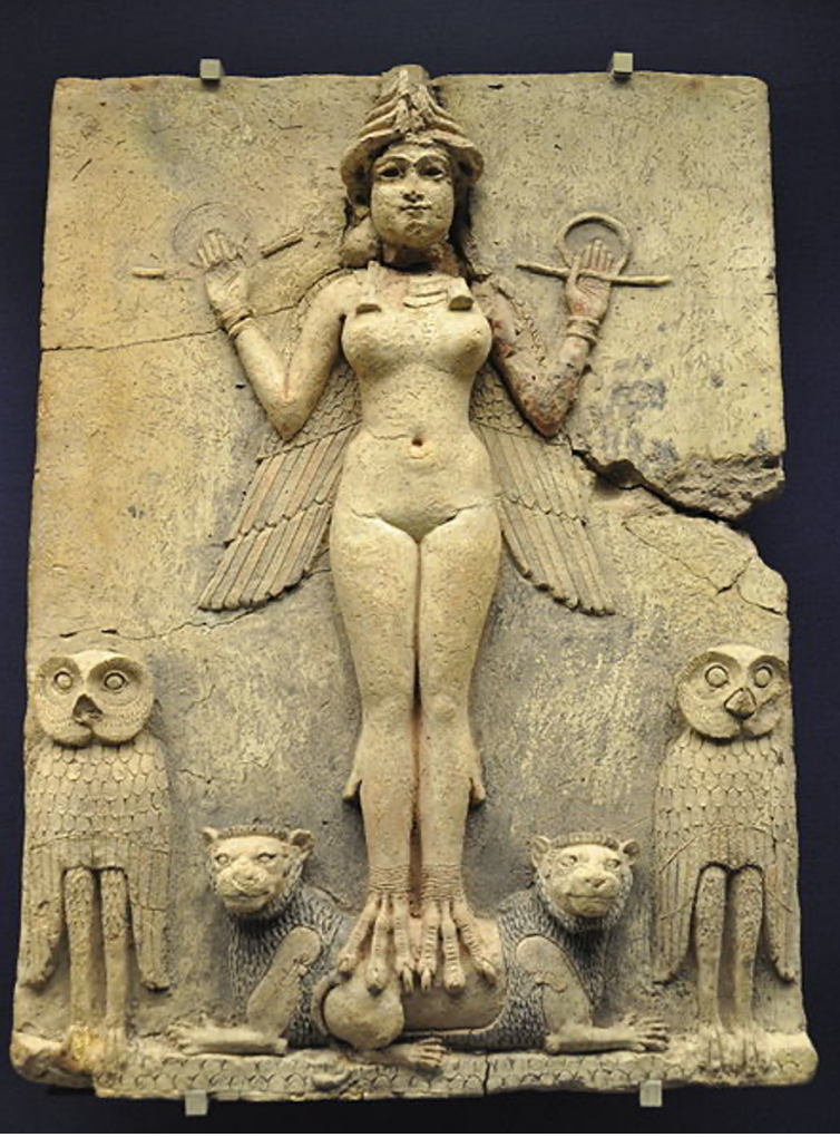 photograph of the Burney Relief or Queen of the Night relief. A Mesopotamian terracotta plaque in high relief of the Isin-Larsa period or Old-Babylonian period, depicting a winged, nude, goddess-like figure with bird's talons, flanked by owls, and perched upon two lions.