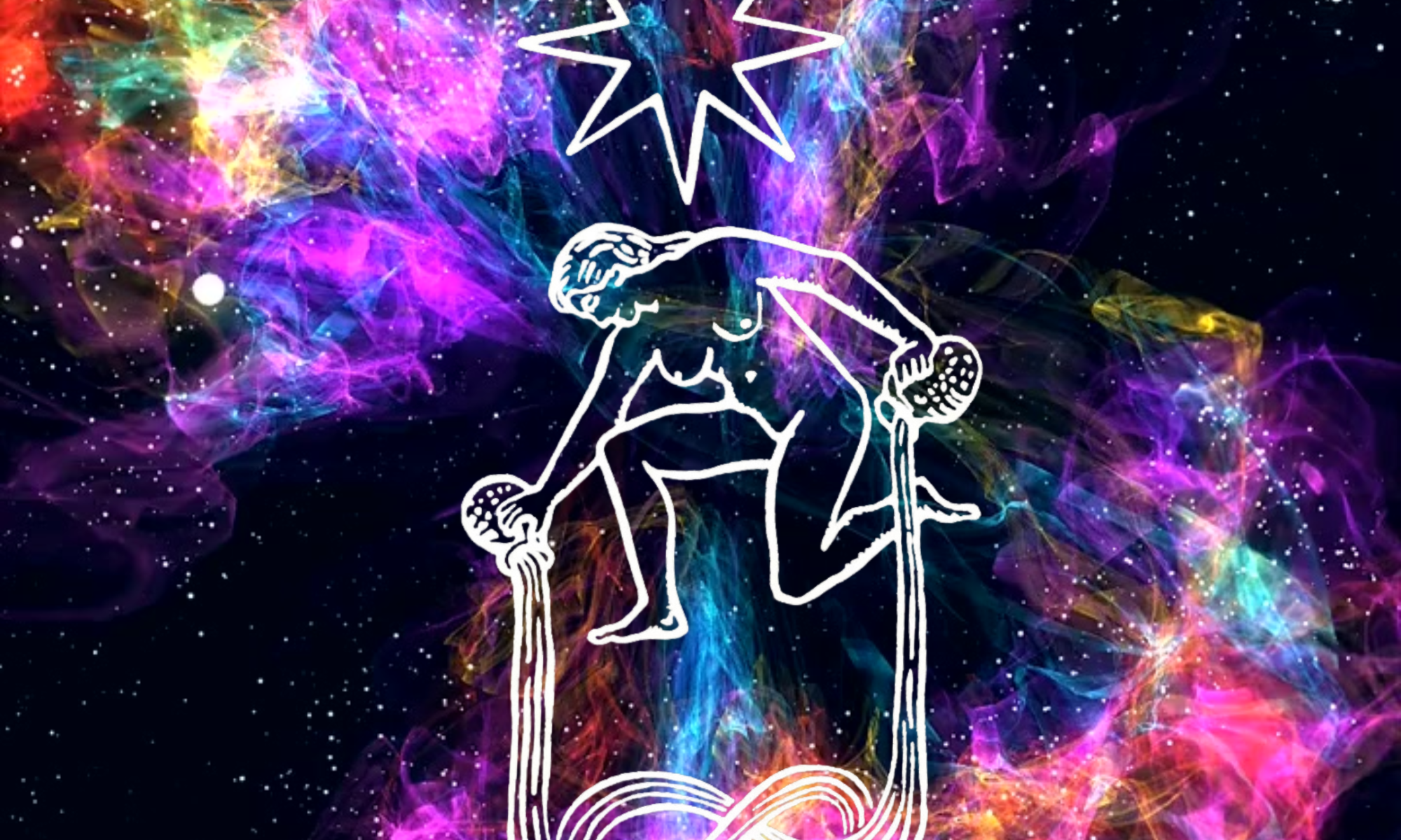 a block carving graphic of the most basic part of the Star Card is reimagined where the waters poured from each vessel forms an infinity symbol beneath the figure. this graphic is overlayed on an image of an exploding galaxy of purples and pinks amongst billions of stars. -This beautifully simplified and reimagined graphic of The Star card comes from Shining Moon Studio. I placed the image on the cosmic background but the screen print itself on black fabric I am blessed to have framed in my own home.