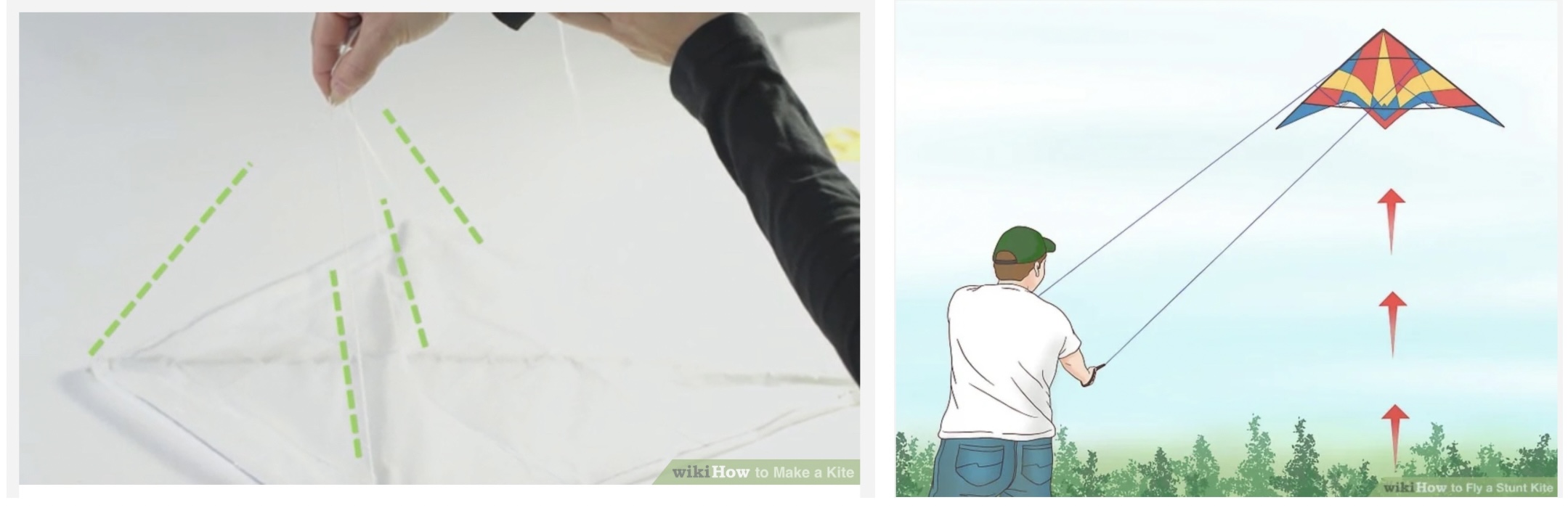Two images from wikihow depicting how to make a kite and the process of flying a kite. 