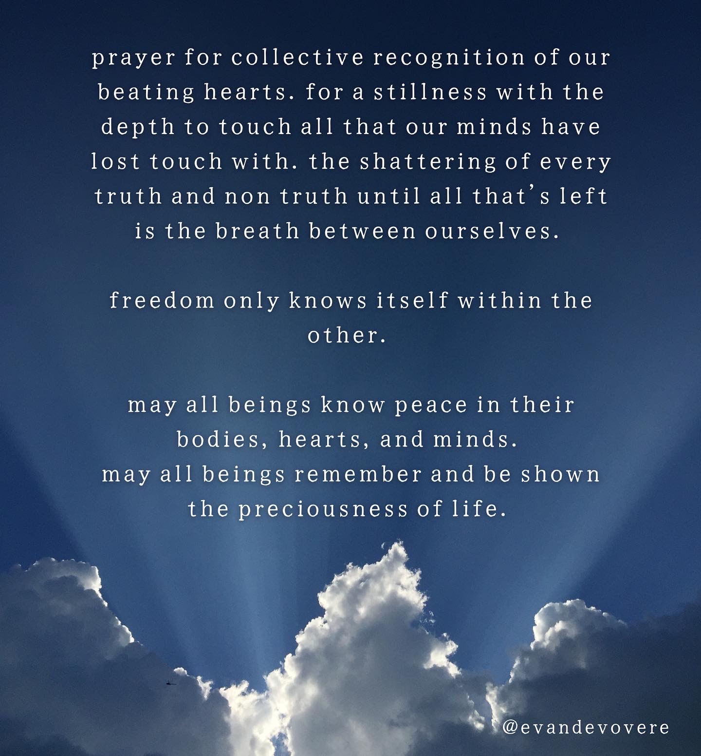 image of the sun shining through the clouds with text overlay that reads “prayer for collective recognition of our beating hearts. for a stillness with the depth to touch all that our minds have lost touch with. the shattering of every truth and non truth until all that’s left is the breath between ourselves.   freedom only knows itself within the other.   may all beings know peace in their bodies, hearts, and minds.  may all beings remember and be shown the preciousness of life.”