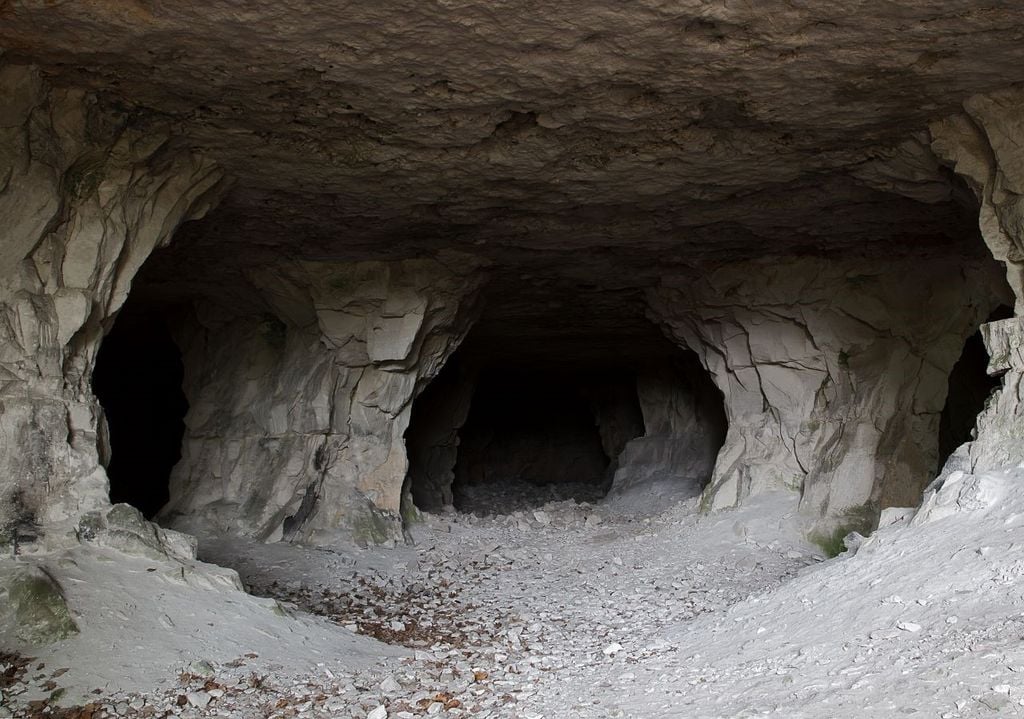 Photograph of the entrance to the deepest cave measured on earth. There are three passageways into the darkness that you can see. 