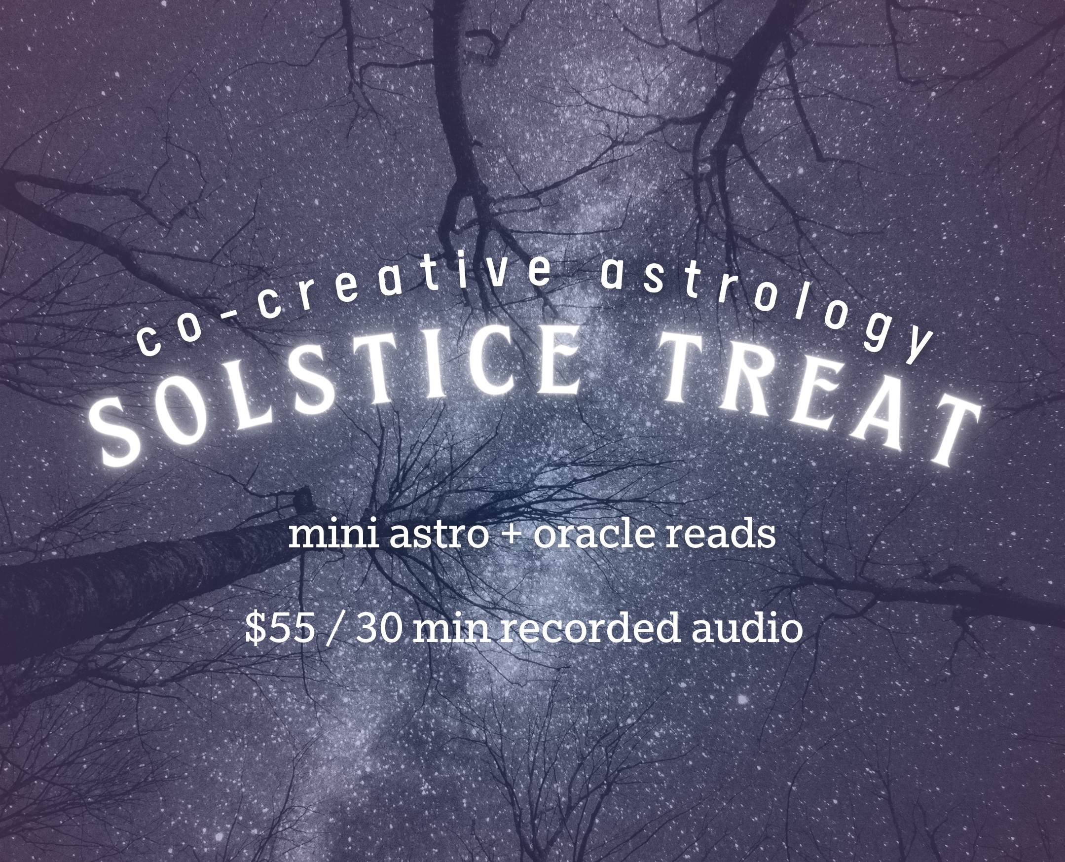 Image looking up at bare trees in the winter on a starry night. Text on the image reads “Co-Creative Astrology Solstice Treat: mini astro + oracle reads $55 / 30 min recorded audio”